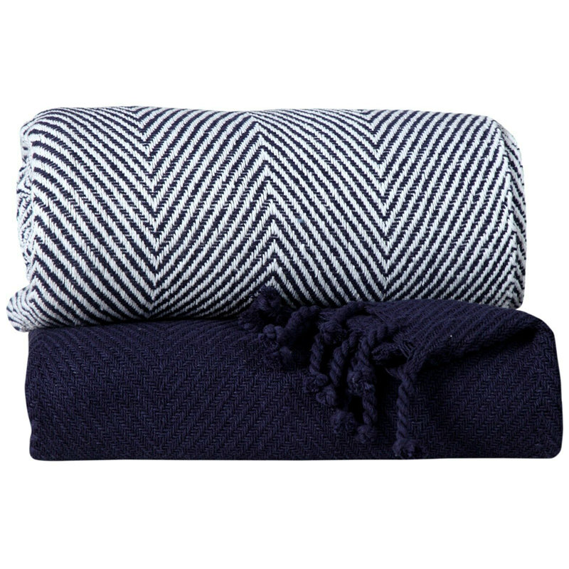  Jeté luxueux 100% coton, Bleu marine, Chevrons