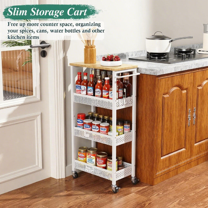 4-Tier Slim Rolling Utility Cart With Wood Top For Small Spaces - Perfect Bathroom, Kitchen, Laundry Organizer, Narrow Space Storage Solution With Wheels
