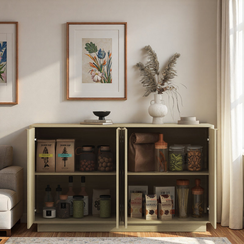 Modern Fluted Sideboard With Adjustable Shelves And Metal Handles, Natural