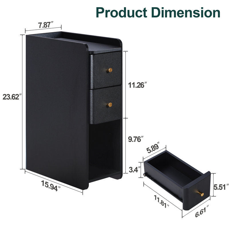 2-Drawer Narrow Nightstand, Black