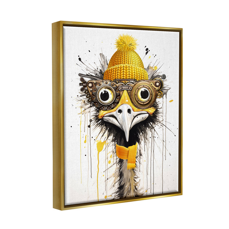 Emu Steampunk jaune, H 31 po x l 25 po x P 1,7 po, Cadre flottant métallique doré