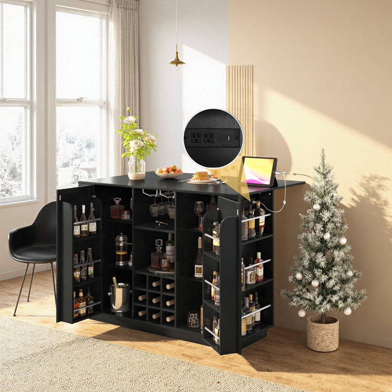 Buffet de table multifonctionnel à hauteur de comptoir avec plateau pliable, prise de courant et rangement à vin pour la salle à manger