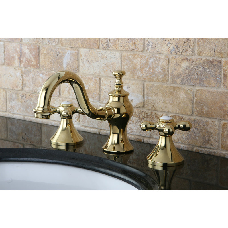 Kingston Brass Vintage Two-Handle 3-Hole Deck Mount Widespread Bathroom Faucet with Brass Pop-Up Drain, Polished Brass