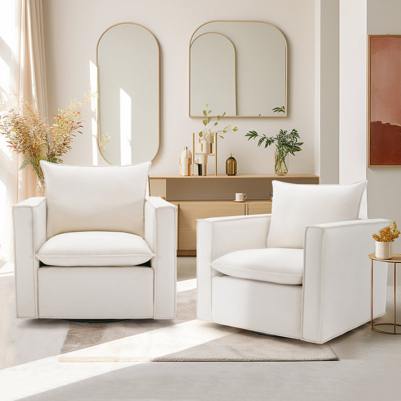 34.2" Wide Upholstered Swivel Accent Armchair, Beige Polyester