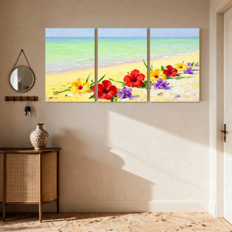 Plage, plage, fleurs, océan, ciel, sable, couleurs vibrantes, scène tropicale, ensemble de 3 impressions sur toile