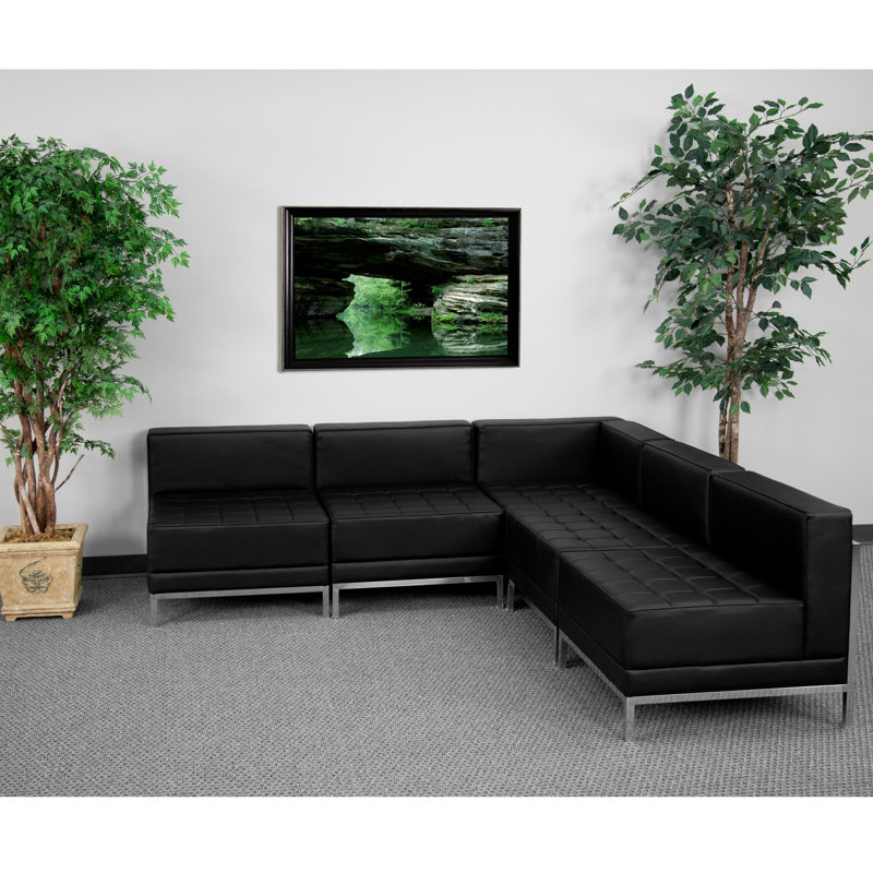 Black Tufted Leather Five Piece Reception Set with Metal Frame