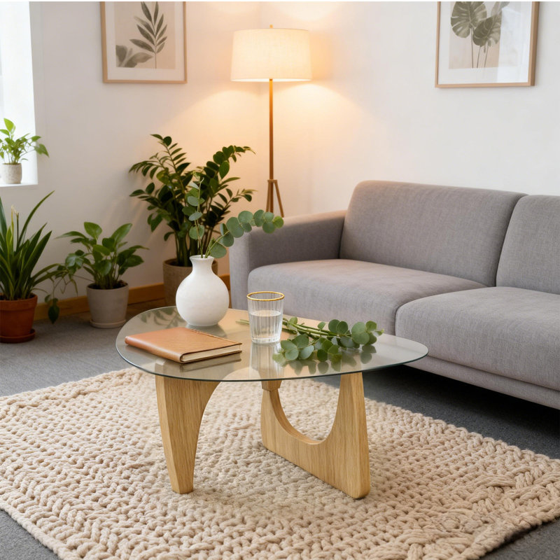 Triangle Abstract Coffee Table Modern Tea Table With Solid Wood Base And Triangle Glass Accent Table Chic Home Office Furniture For Living Room Natural Wood Color 35.8"D X 25.5"W X 16"H