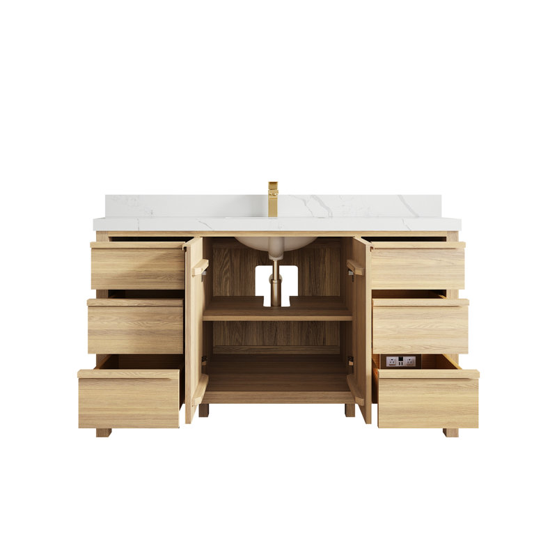 Elizabeth Oak 60 In. W X 22 In. D Single Sink Bathroom Vanity With 2 In. Quartz, Calacatta Laza