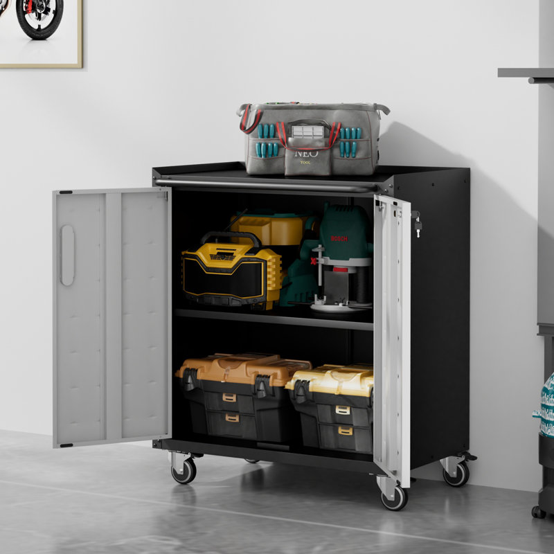 Armoire de garage 29,5 po en métal à roulettes robuste avec rangement verrouillable, Gris
