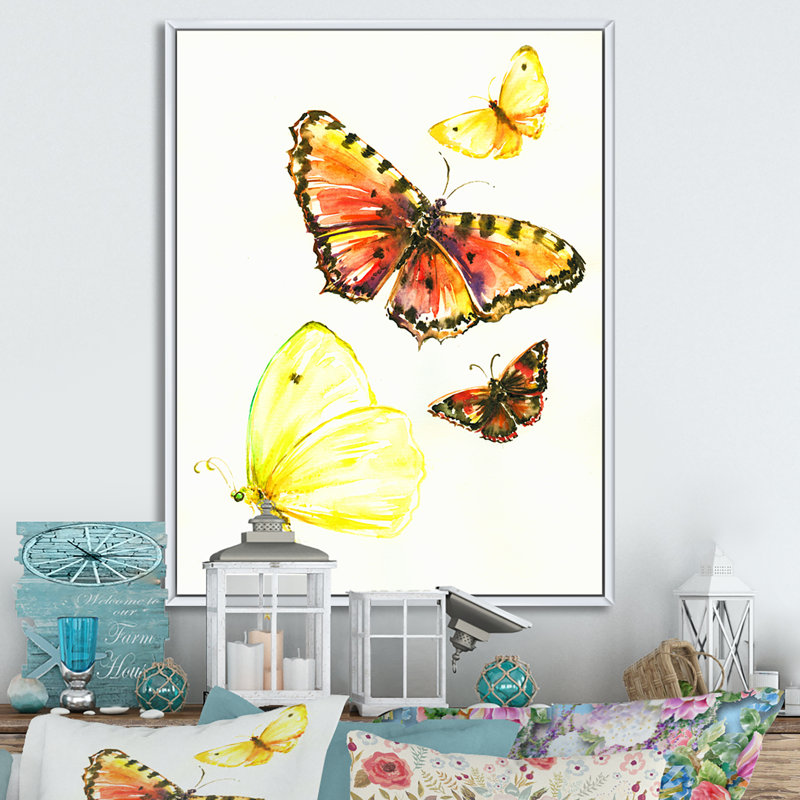 Illustration de magnifiques papillons jaunes sur toile, H 32 po x l 16 po x P 1 po, Cadre flottant blanc