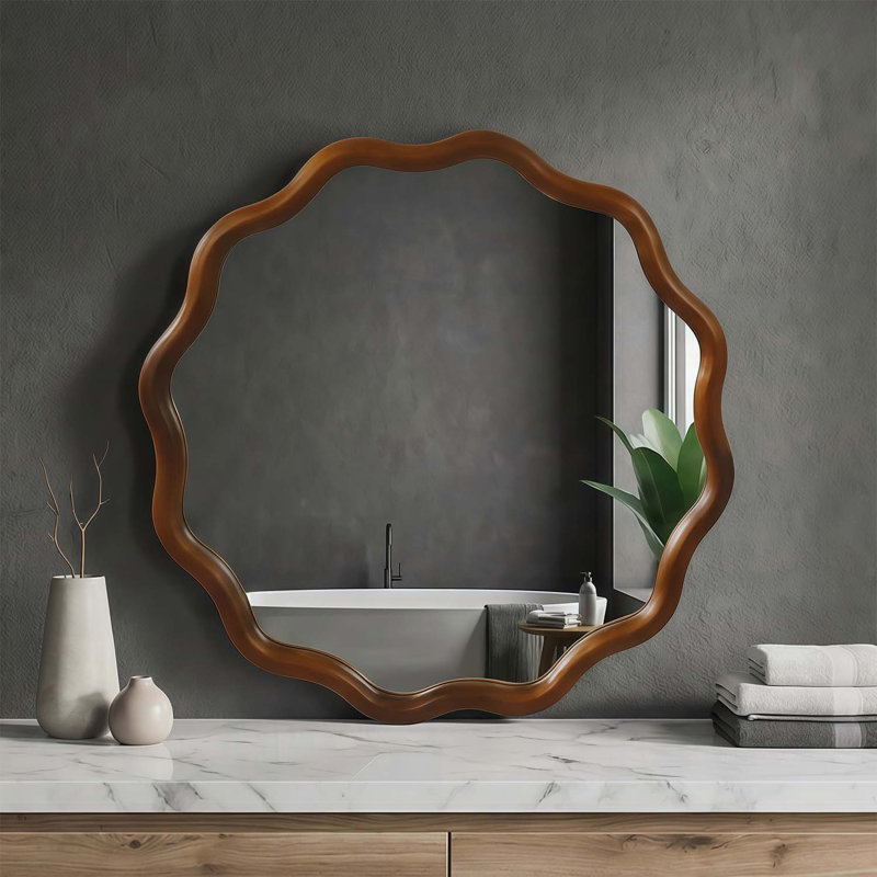 Miroir à cadre ondulé en bois pour une décoration intérieure élégante, Noyer foncé, 36 po x 36 po