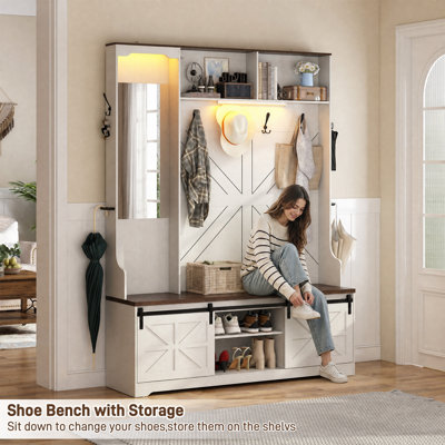 75" Large Hall Tree with Mirror for Mudroom