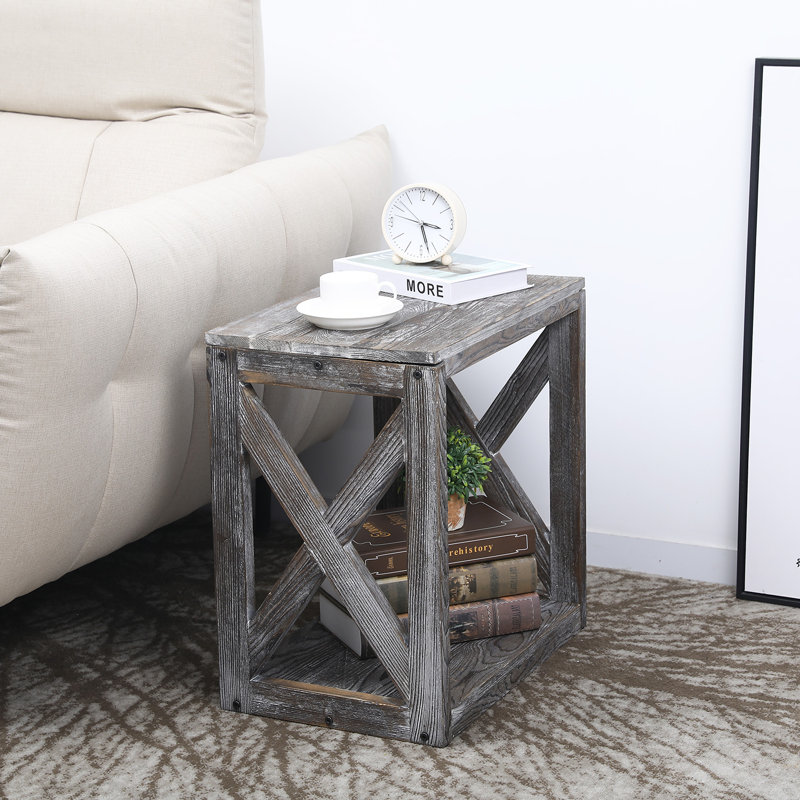 Cherra Solid Wood Floor Shelf End Table with Storage, Brown Grey