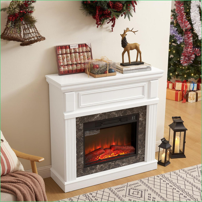 Foyer électrique avec manteau de cheminée, insert de 23 po, flamme réglable, télécommande | Blanc neige | Bois aggloméré / PB | L 41,34 po x P 14 po