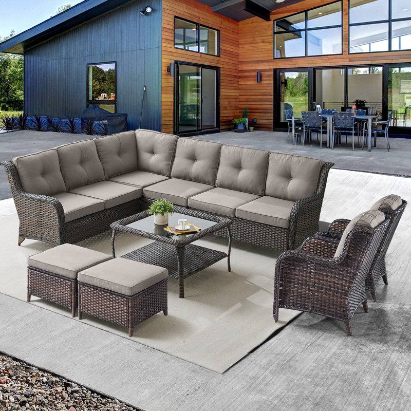 Schutt Wicker - Person Patio Conversation Set with Cushions, Brown Frame/Gray Cushion