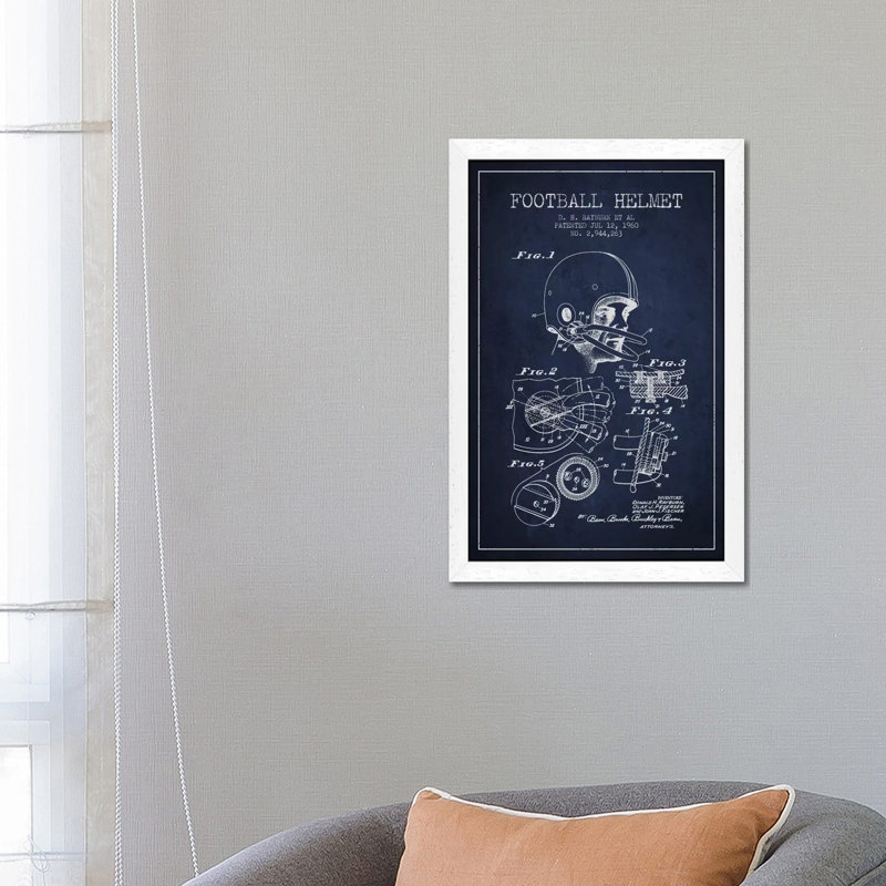 Football Helmet Navy Blue Patent Blueprint by Aged Pixel - Floater Frame Print on Canvas, 152.5 cm H x 101.5 cm W