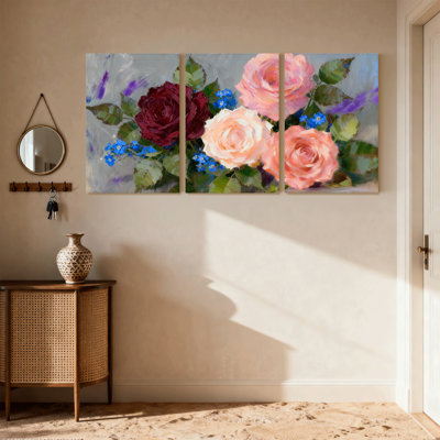 Rose Floral Rose Bouquet With Blue Flowers Set of 3 Canvas Wall Art Prints