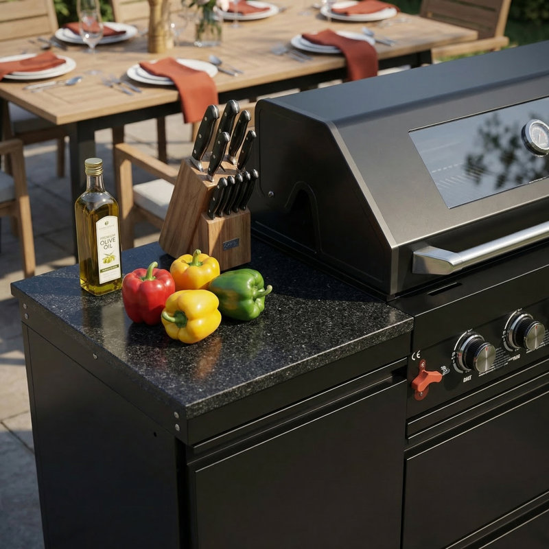 Îlot de cuisine de luxe avec barbecue au propane à 6 brûleurs 85 000 BTU, comptoirs en marbre