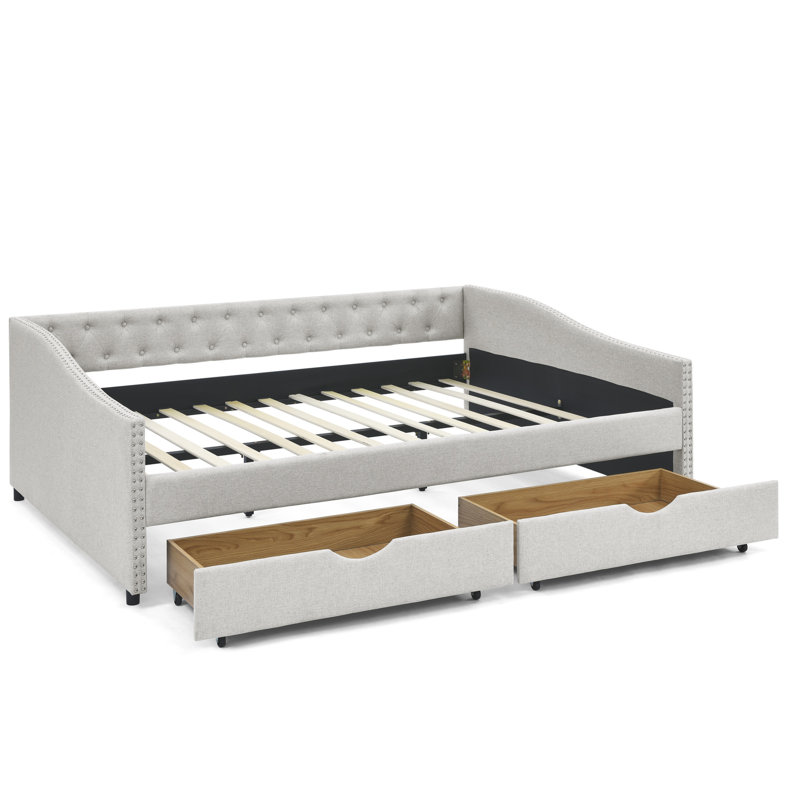 Lit de jour grand beige avec rangement, dossier et accoudoirs ondulés beige, Beige, Grand lit
