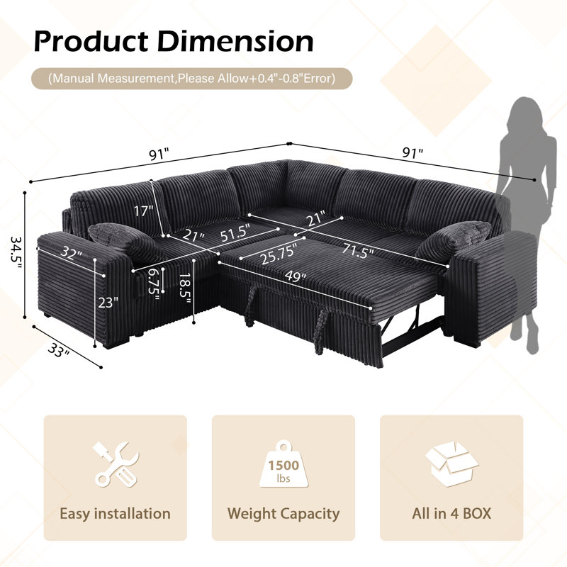 91" L-Shaped Sectional Sofa Bed, Pull Out Sleeper, 5-Seater Convertible Couch for Living Room, Dark Gray Corduroy