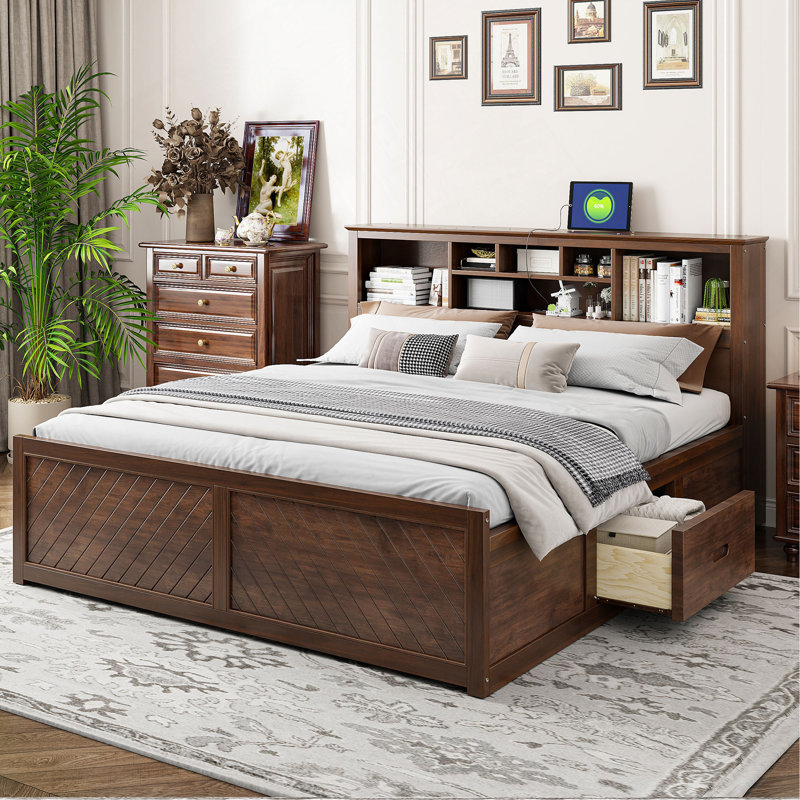 Lit plateforme très grand en bois avec tête de lit multi-rangements, USB et tiroirs, couleur bois antique, Bois