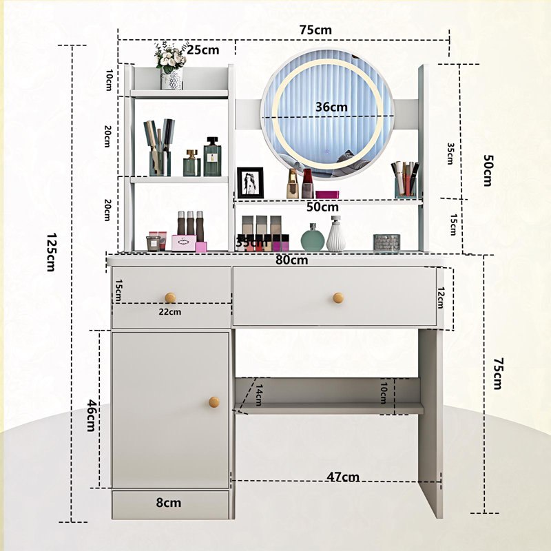 Dressing table with LED lighting mirror, adjustable brightness, dressing table with chair