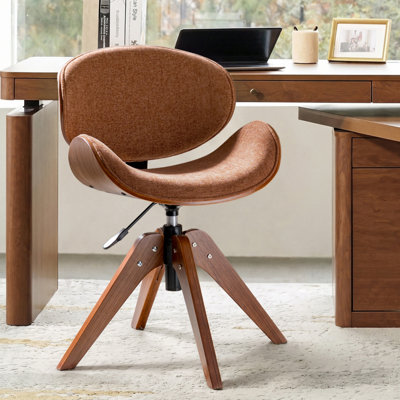 Chaise de bureau Oswina de style moderne du milieu du siècle, en tissu, avec structure en bois courbé et base pivotante.