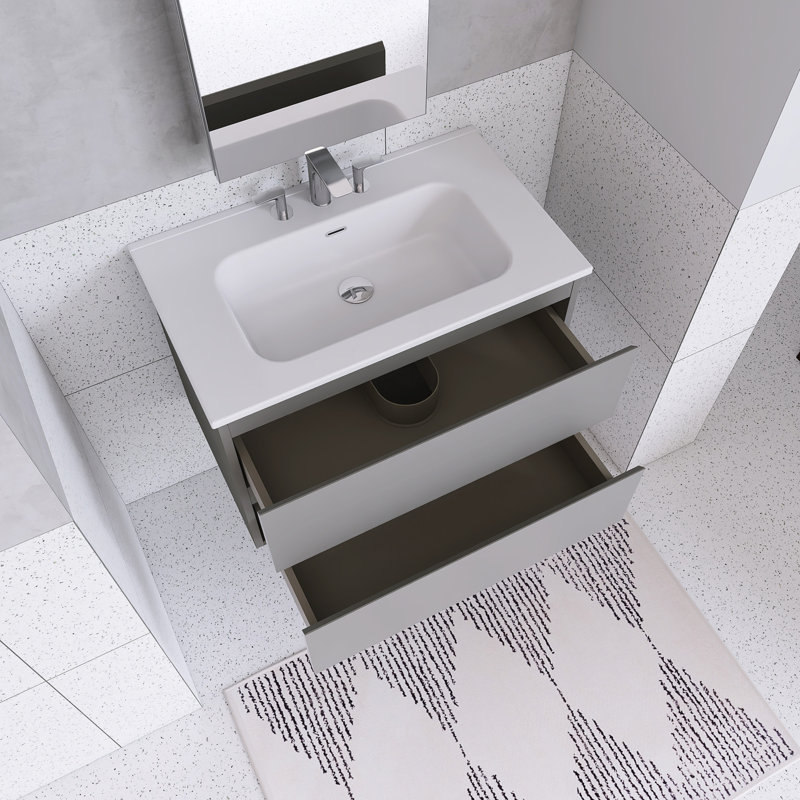 Meuble-lavabo mural avec lavabo en céramique et trois trous de robinet, Gris, 30"