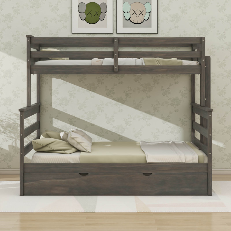 Twin XL Over Queen Bunk Bed With Trundle, Wooden Bed Frame With Ladder And Guardrail, Separated Into 3 Beds,, Gray