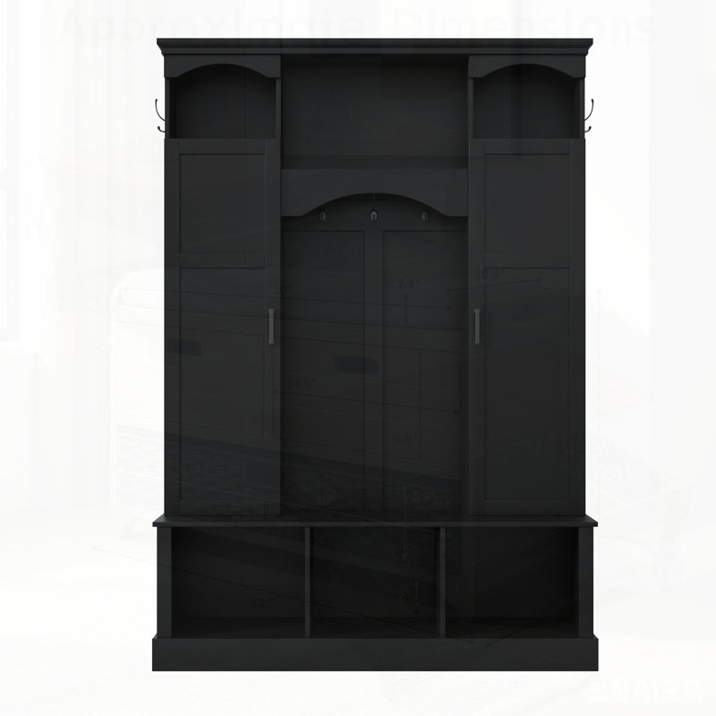 Modern All-in-One Hall Tree with Adjustable Shelves, Classic Arched Farmhouse Storage Bench, and Dual Side Cabinets for Entryway Organization