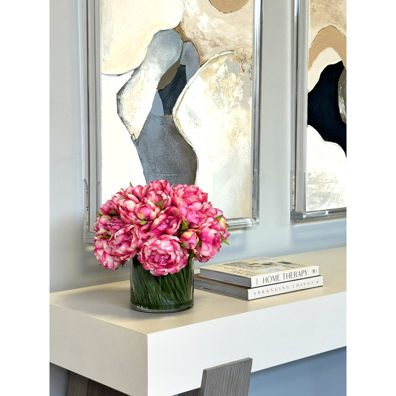 Peony Arrangement in Glass Vase with Grass, Pink Fuchsia