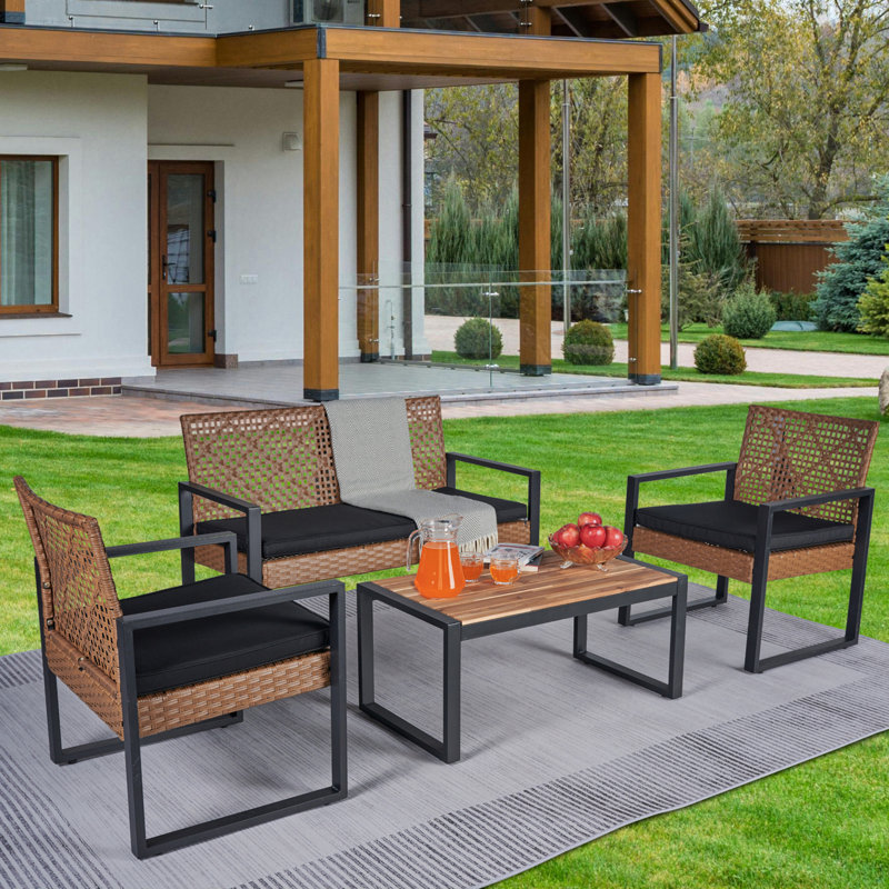 Ensemble de meubles de patio 4 pièces avec balcon et véranda, Coussin noir / structure brune