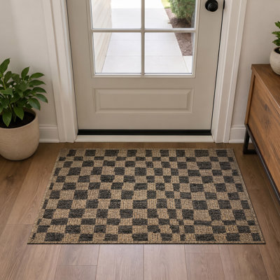 Wavy Checkerboard Natural Jute-Look Easy Clean Non-Slip Woven Flatweave Area Rug