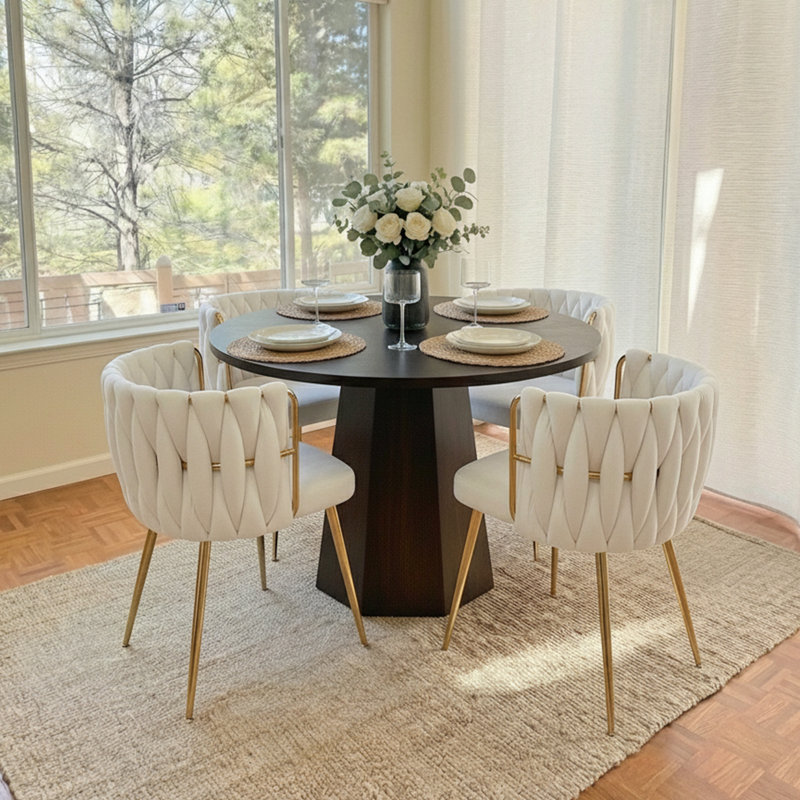 Round Dining Table Set Mid Century Modern Small Round Dining Table Set With Dining Chairs, White, Walnut