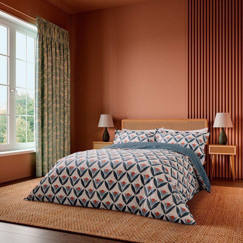 Tulip Trellis Cotton Block Print [EU ONLY] Duvet Cover Set with Pillowcases, Single Duvet Cover + 1 Single Pillowcase