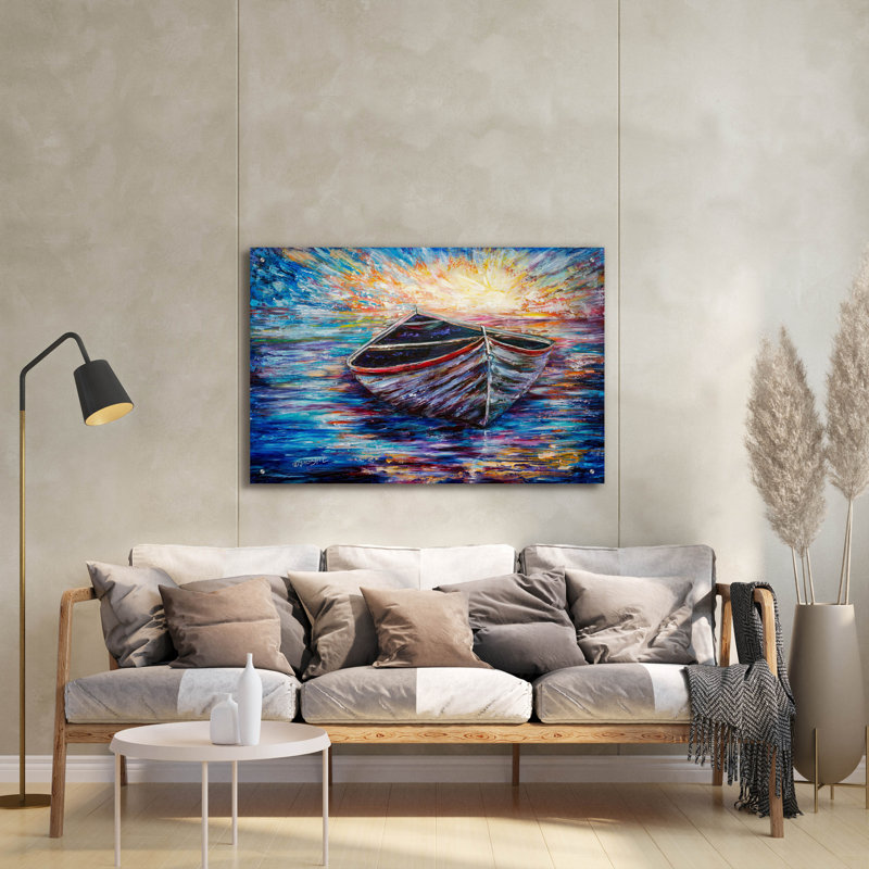 «Wooden Boat At Sunrise» par Lena Owens, H 24 po x l 36 po x P 0,2 po