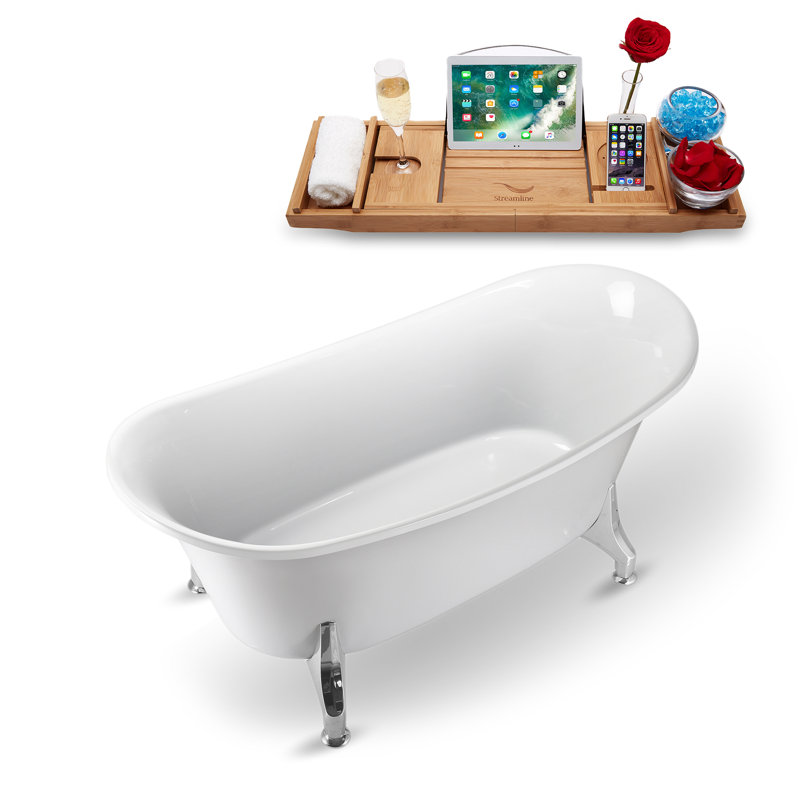 Baignoire de trempage sur pattes 67 "avec drain, pattes et plateau en bambou 67" Streamline, Chrome poli, Chrome poli