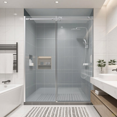 Portes de douche coulissantes simples sans cadre l 56 à 60 po x H 74 po, porte de douche coulissante pour salle de bain, porte en verre trempé épais de 5/16 po (8 mm)