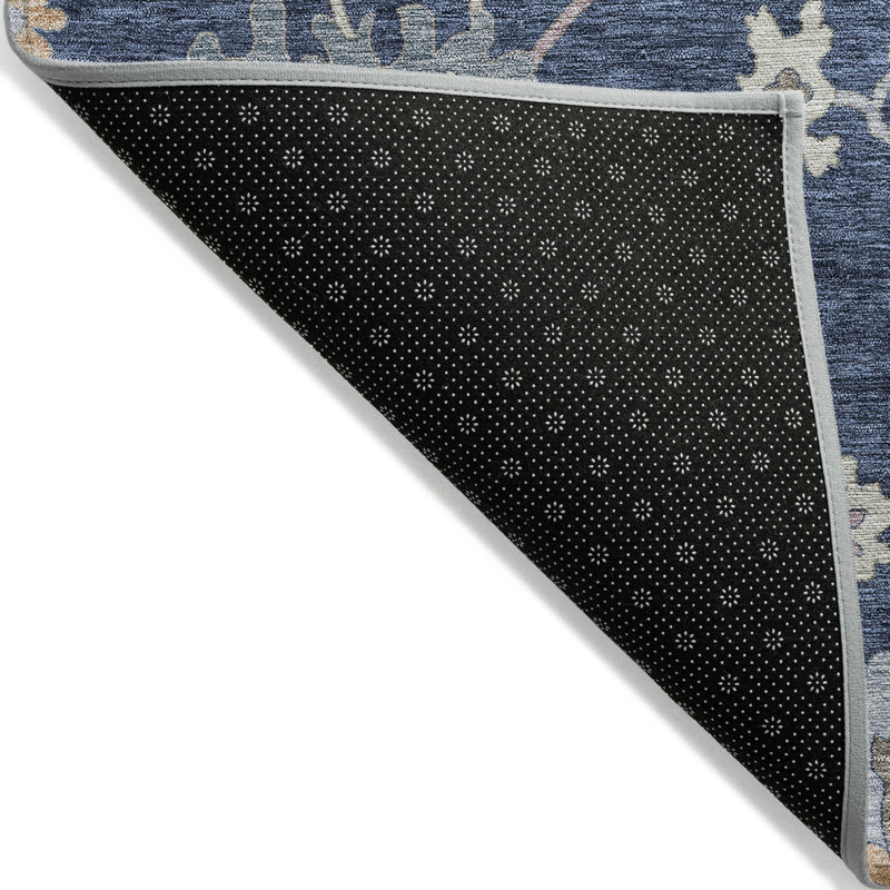 Tapis extérieur lavable floral bleu marine beige et gris 5 pi x 8 pi