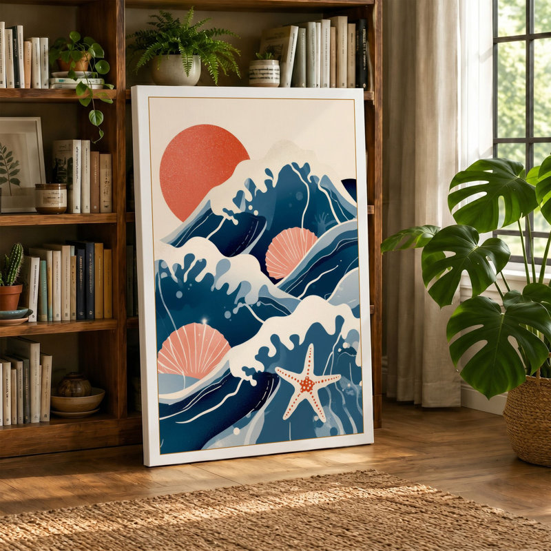 Waves and Starfish Coastal 1 Piece Wrapped Canvas Wall Art, 36x24 - 91.4 x 61.0 cm, White Border