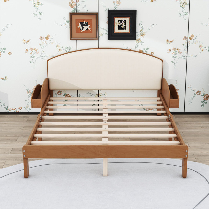 Lit plateforme en bois avec tête de lit tapissier et tablettes de rangement latérales, Lit double, Noyer clair