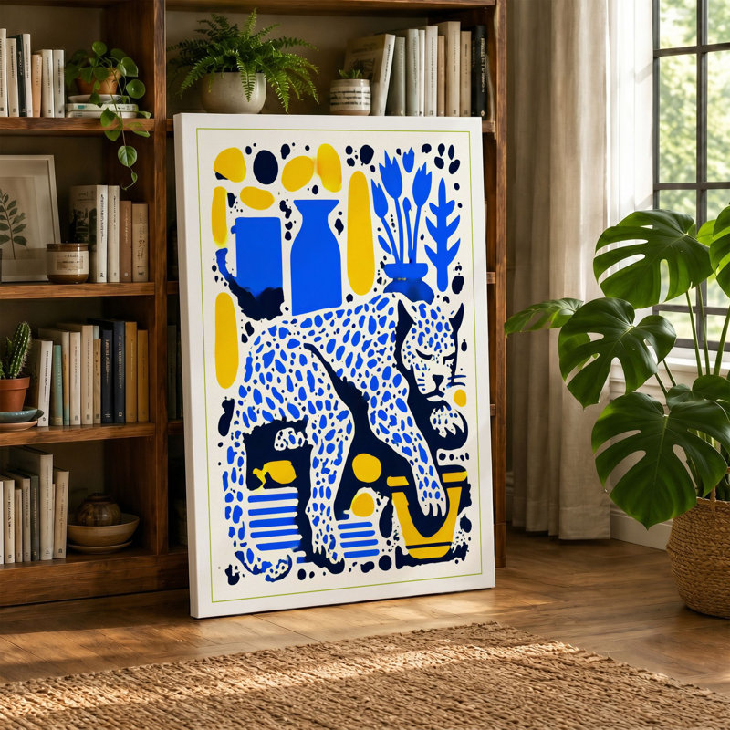 Leopard In Blue Boho - Print, 30x20 - 76.2 x 50.8 cm, Taupe Border