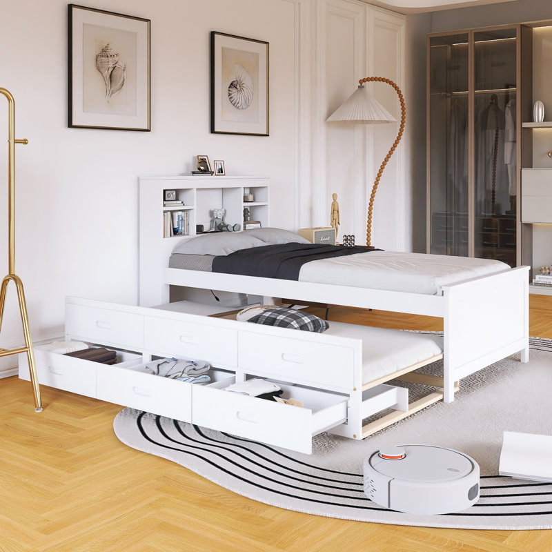 Lit plateforme simple en bois avec tête de lit et lit gigogne, Lit simple, Blanc