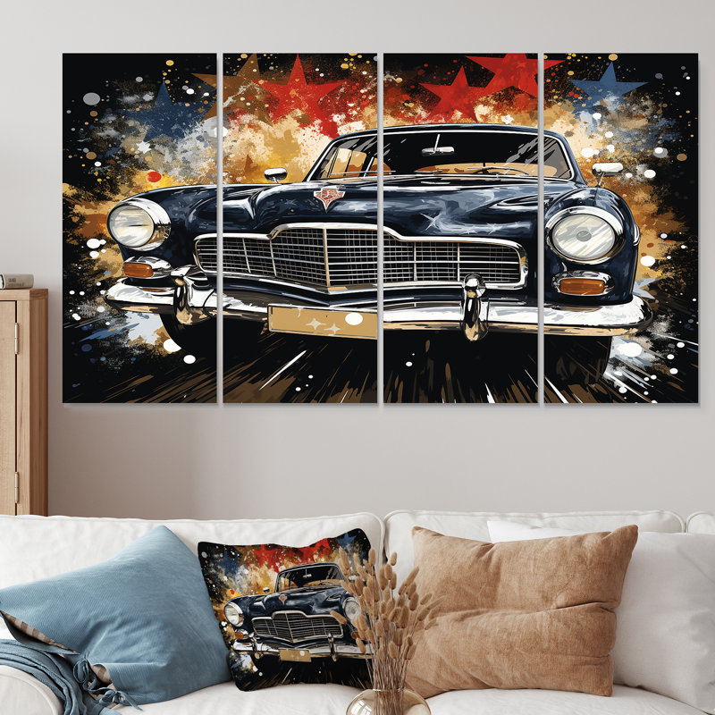 «Black American Classic American Car - Car Old American», art mural 4 pièces, H 28 po x l 48 po