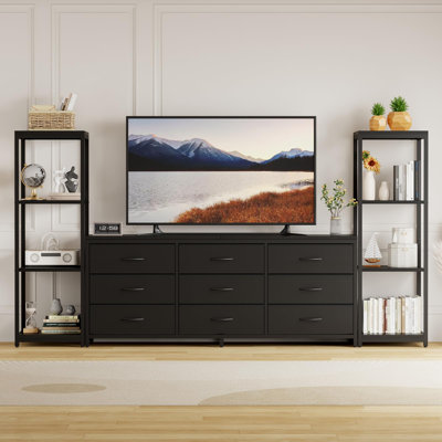 Meuble télé 89 po avec 9 tiroirs en tissu et 4 tablettes à 4 niveaux, centre de divertissement moderne pour téléviseur de 75 po