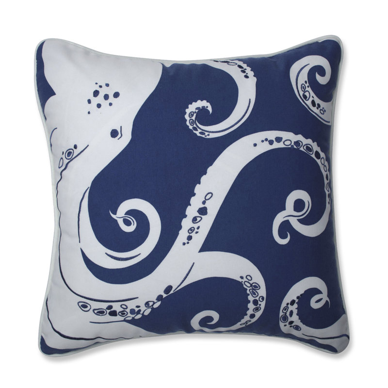 Blue and Off-White Embroidered Octopus Square Throw Pillow
