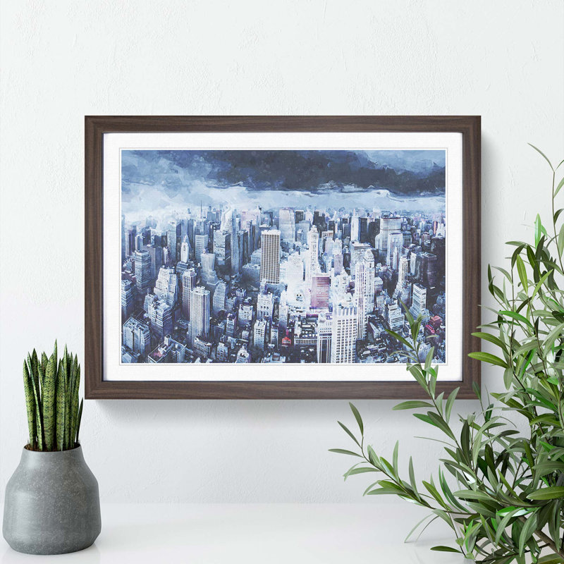 Moody New York City Skyline - Picture Frame Graphic Art Print, 62cm H x 87cm W x 2cm D, Walnut Framed