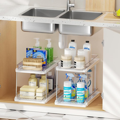 4-Pack 2-Tier Under Sink Organizers With Pull-Out Drawers, Anti-Slip Base, Clear Acrylic Cabinet Storage for Bathroom, Kitchen and Pantry