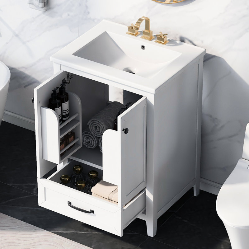 Meuble-lavabo de 24 po avec lavabo en céramique, base et bois massif, armoire à glissière, meuble-lavabo blanc élégant, tableau, robinet de lavabo, rangement spacieux