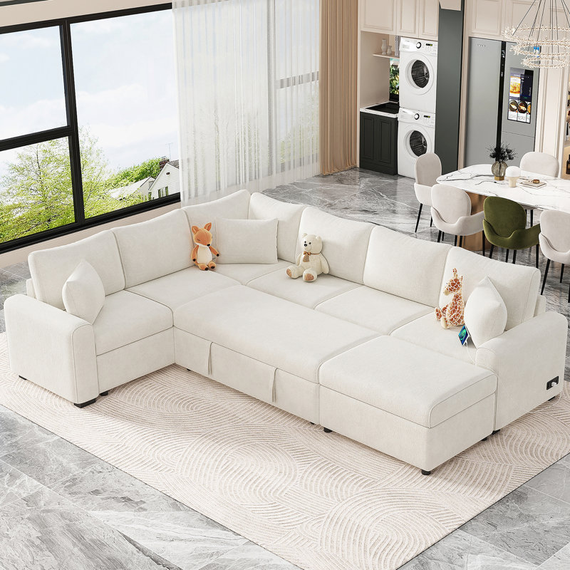 112.2" Sectional Sofa Pull-Out Sofa Bed Sleeper With A Storage Ottoman,Three Pillows And Charging Devices For Living Room, Grey